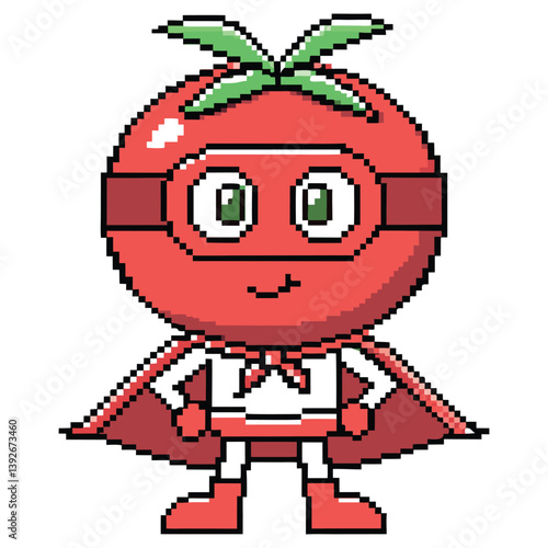 Pixel Art Tomato Superhero Character with Cape on Transparent Background