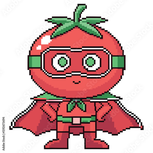 Cartoon Pixel Art Red Tomato Superhero Mascot Costume on White Background