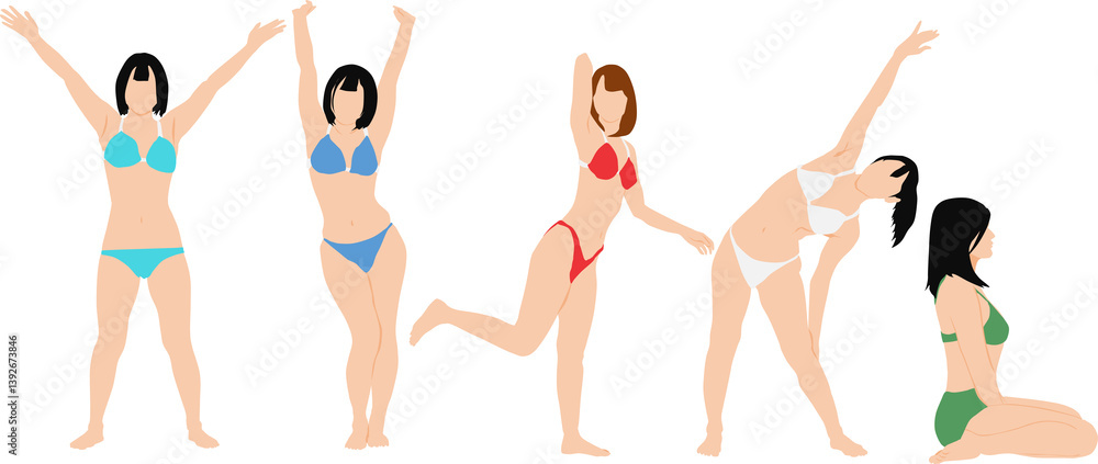 ポーズをとる水着を着た女性のイラストセット ポーズをとる水着を着た女性のイラストセット