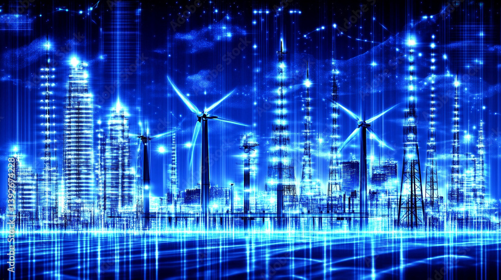 Fototapeta premium Innovative wind-powered cityscape at night futuristic urban environment digital art