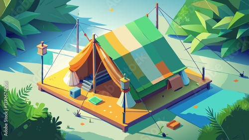 Top-down perspective of a small realistic camping tent with stakes and ropes