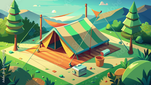 Top-down perspective of a small realistic camping tent with stakes and ropes