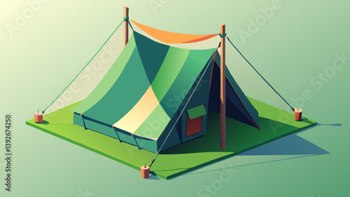 Top-down perspective of a small realistic camping tent with stakes and ropes