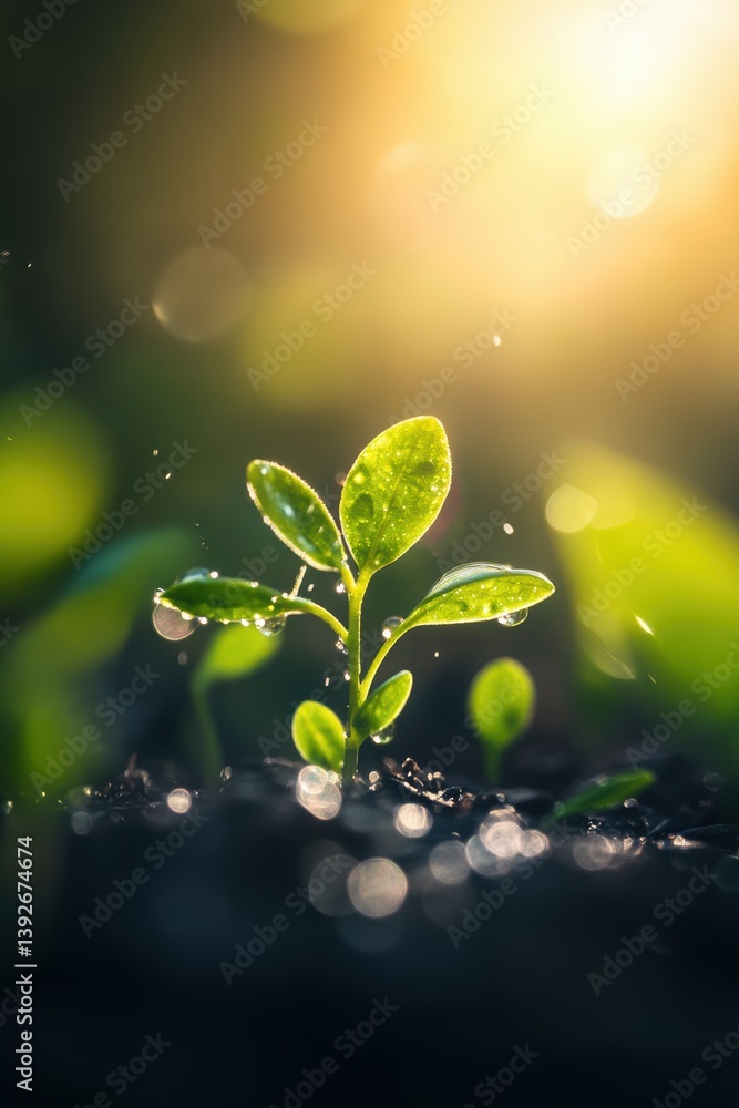 Lush green sprout plants in Spring rain.
