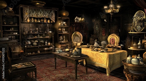 Intricate, dimly lit antique shop interior with a vintage table and ornate furniture