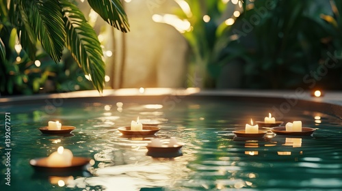 A serene pool setup with floating candles and tropical plants under soft sunlight pic