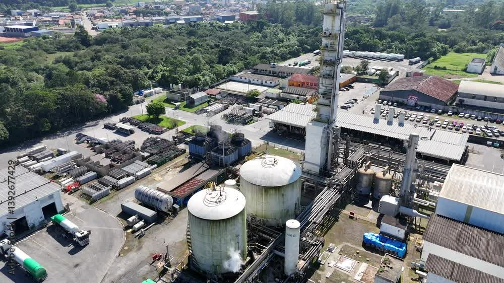 aérea da Air Products em Mogi das Cruzes, mostrando sua planta industrial de gases industriais, capturada com drone em alta resolução 4K, destacando sua infraestrutura e produção