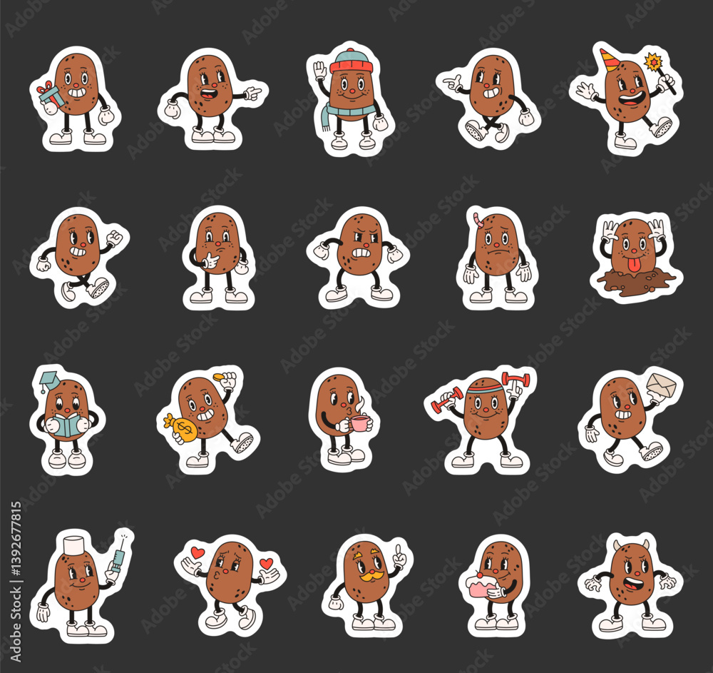Obraz premium Groovy retro cartoon potato character illustrations with emotions actions accessories expressions objects and seasonal festive decorative elements