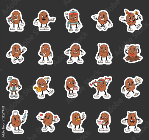 Groovy retro cartoon potato character illustrations with emotions actions accessories expressions objects and seasonal festive decorative elements