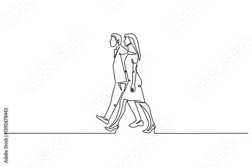 Continuous one line drawing of young Couple Walking Together. Single line drawing illustration of romantic couple holding hands. Romance concept vector art. Doodle line illustration.