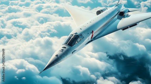 Aerial view of an airplane flying high above the clouds with white vapor trails visible against a vivid blue sky. Commercial travel and modern transportation are depicted.
