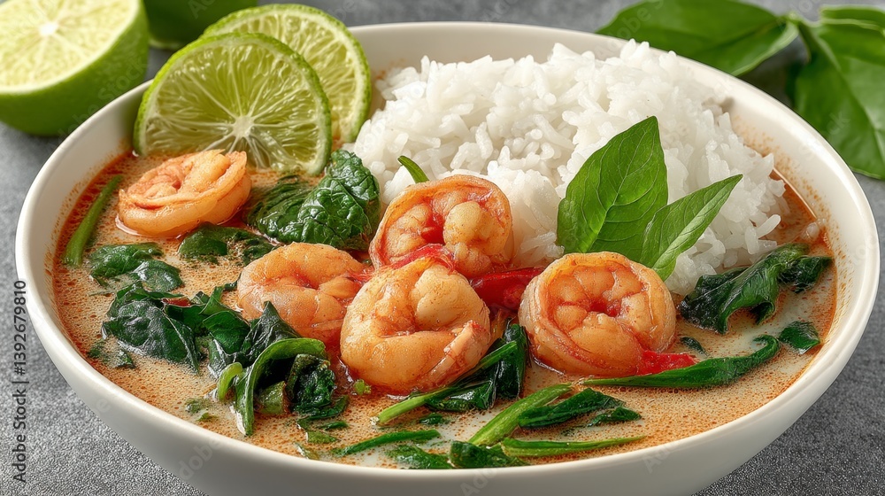Shrimp and spinach curry with rice and lime wedges. Creamy coconut milk based sauce. Shrimp and spinach curry with rice and lime wedges. Creamy coconut milk based sauce.