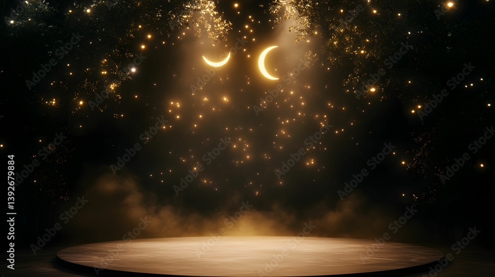 A mystical stage illuminated by soft lights and ethereal sparkles, featuring two crescent moons against a dark, enchanting backdrop.
