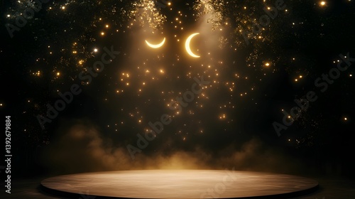 Obraz na płótnie A mystical stage illuminated by soft lights and ethereal sparkles, featuring two crescent moons against a dark, enchanting backdrop. w salonie