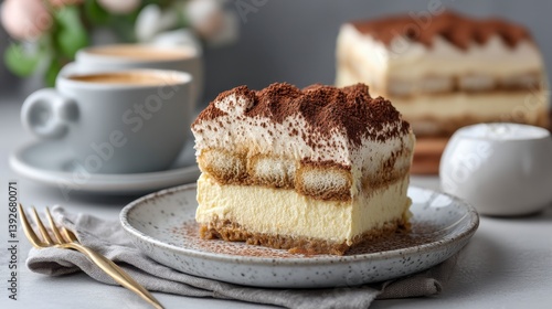 Close up view of a delicious slice of tiramisu on a plate, accompanied by two cups of coffee and a sugar bowl, set against a grey background.