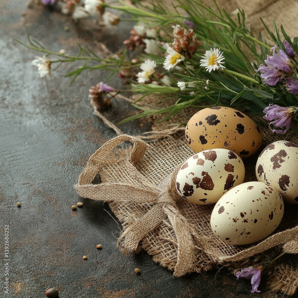 Obraz premium Rustic Still Life of Quail Eggs and Wildflowers on Burlap