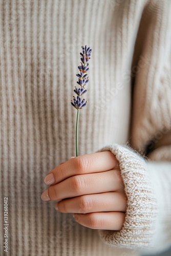 Close-up of a Woman's Hand Gently Holding a Single Stem of Lavender Against a Beige Knit Sweater Background