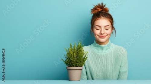 Serene Young Woman with Eyes Closed, Contentment and Peace, Indoor Plant, Minimalist Pastel Background