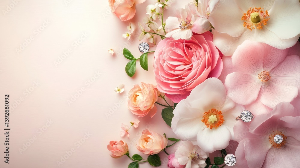 Elegant pastel blooms with scattered diamonds accentuating subtle beauty theme Elegant pastel blooms with scattered diamonds accentuating subtle beauty theme