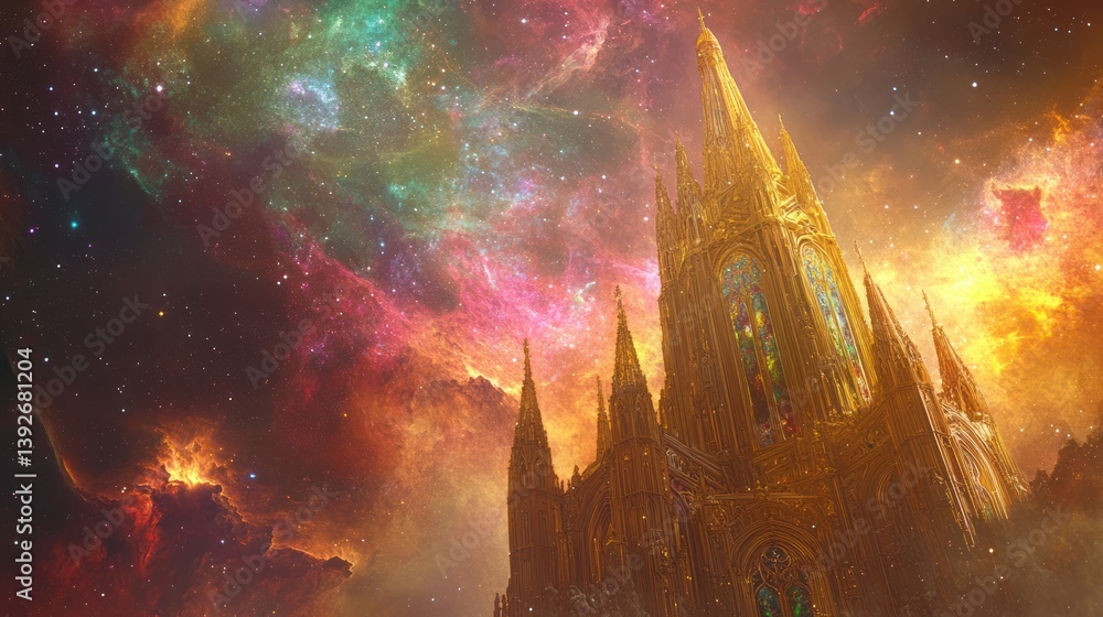 Obraz premium Golden Cathedral Illuminated Against A Swirling Cosmic Nebulous Background