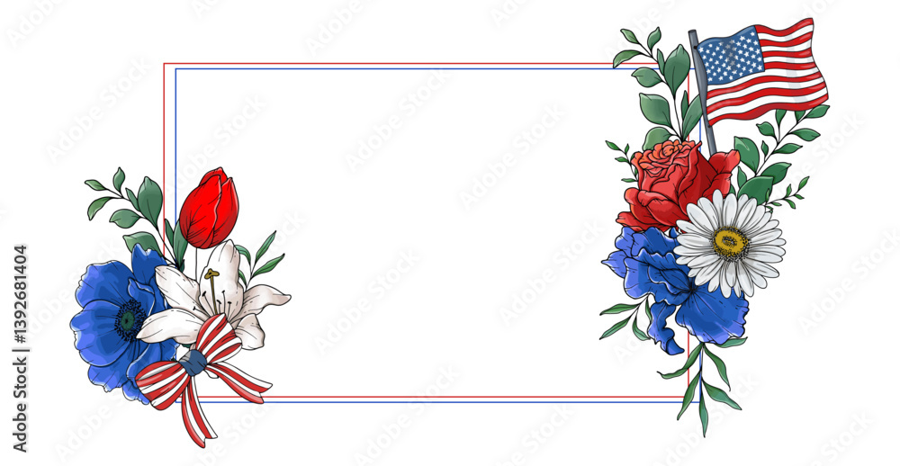 Naklejka premium 4th of July Flower Design. Independence day Illustrations. US Patriotic colors flower bouquet. US flag design with flowers. 4 July design template.