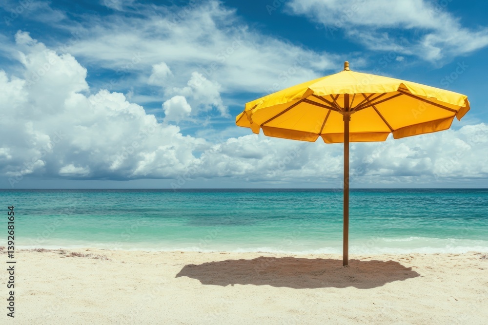 Yellow umbrella provides shade on sandy beach near turquoise ocean and vibrant clouds Yellow umbrella provides shade on sandy beach near turquoise ocean and vibrant clouds