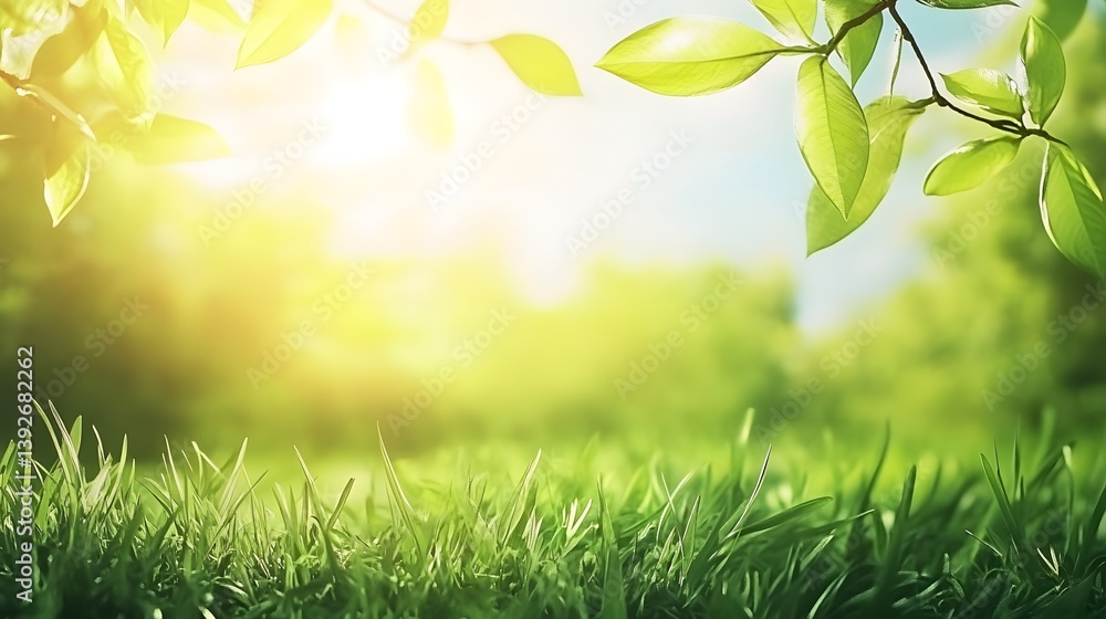Obraz premium A spring day with a green grass meadow, bright sunlight, tree leaves, and a warm color background with copy space. 