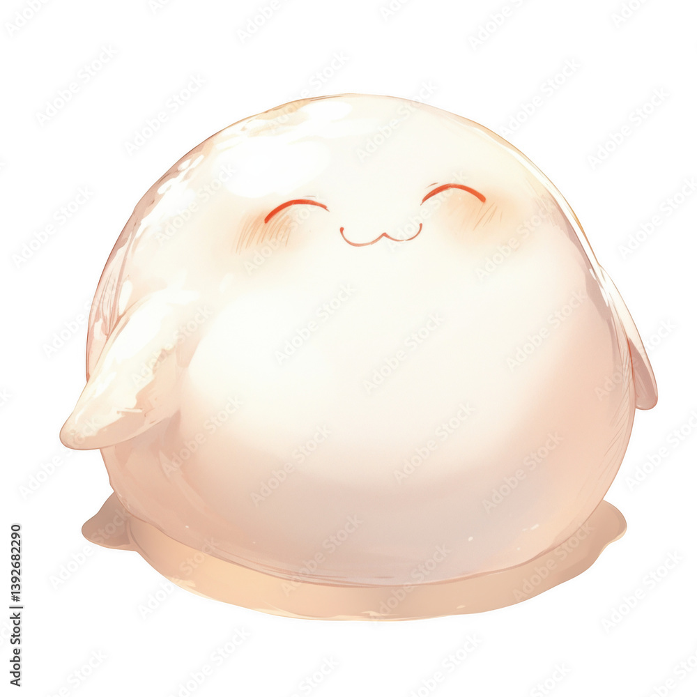 Playful mochi ball character with tiny arms and smile cute food photography minimalist view