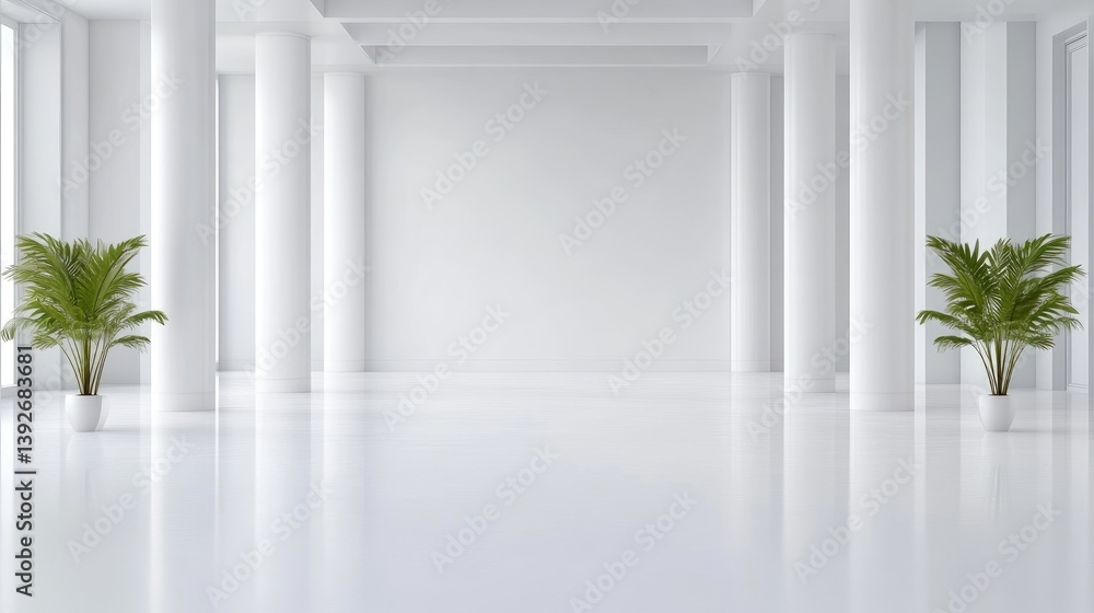 Fototapeta premium Modern minimalist white interior. Spacious hall with columns, plants, and large windows