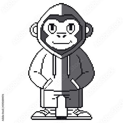 Pixel Art Monkey with Hoodie, Gray and White Pixelated Animal Character on Transparent
