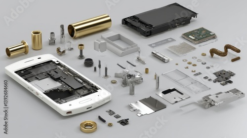 Disassembled smartphone components on a gray background, showcasing various metallic and plastic parts.