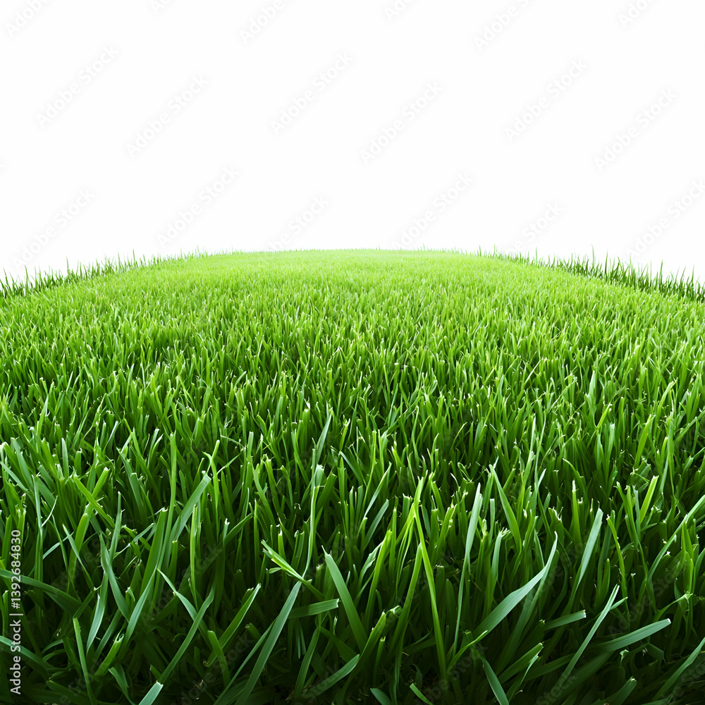 Fototapeta premium Lush green grass field, bright sunlight, background white, for nature designs
