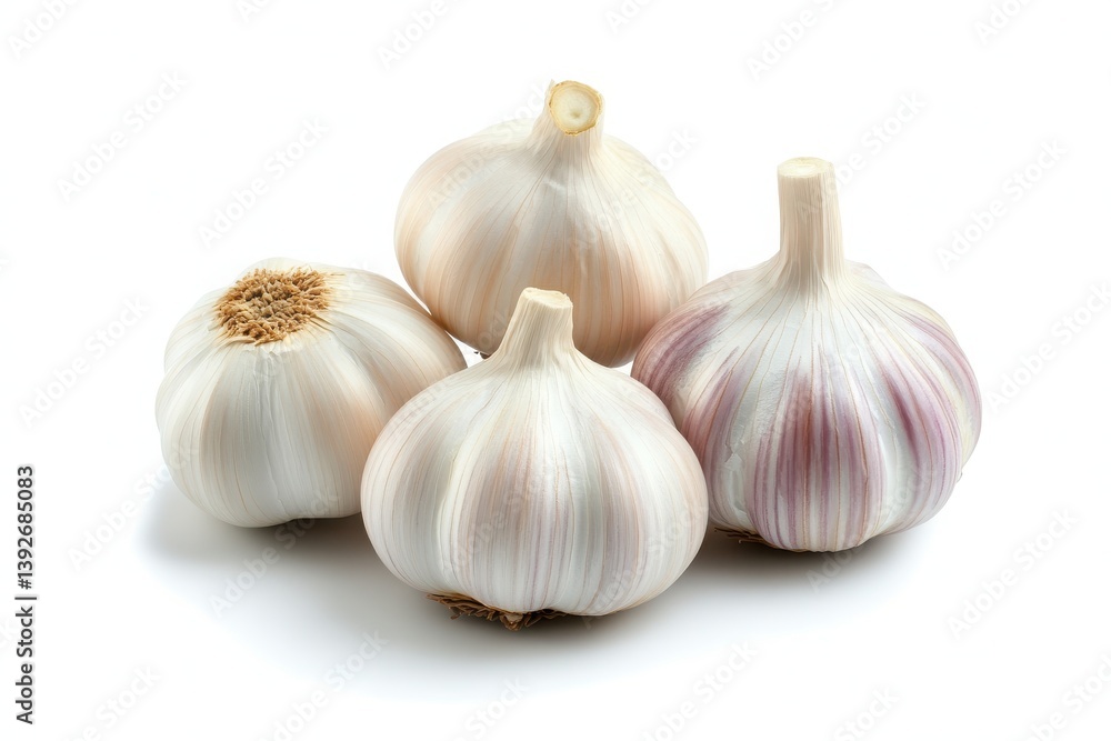 A group of four garlic bulbs clustered together on a plain white surface in a studio setting A group of four garlic bulbs clustered together on a plain white surface in a studio setting