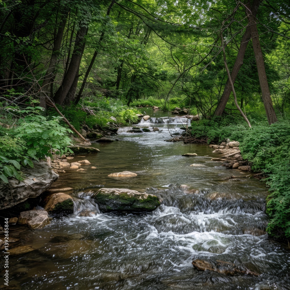 Obraz premium A tranquil creek winds through lush forest. Water flows over rocks, framed by dense foliage