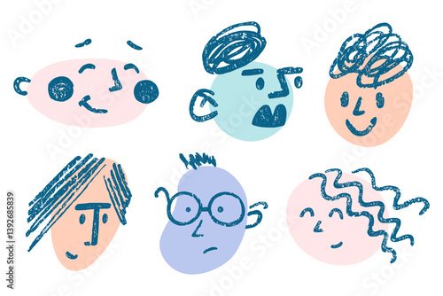 Abstract funny vector faces with different emotions.  Hand drawn comic illustration of cute human characters. Wax crayon childish drawing.