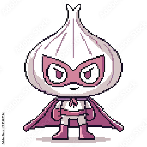 Pixel Art Garlic Superhero with Cape and Mask on Transparent Background