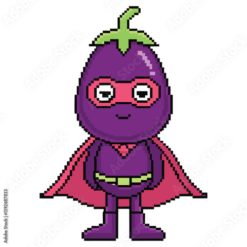 Pixel Art Eggplant Superhero with Mask and Cape on Transparent Background