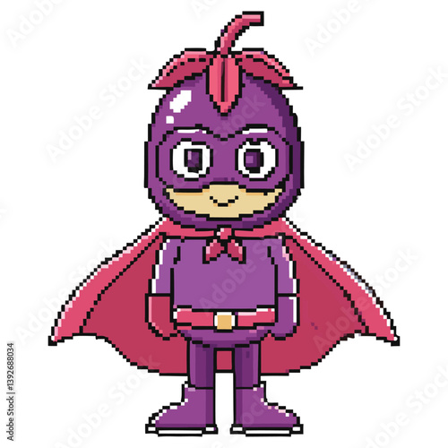 Cartoon Pixel Art Style Purple Eggplant Superhero with Pink Cape On White