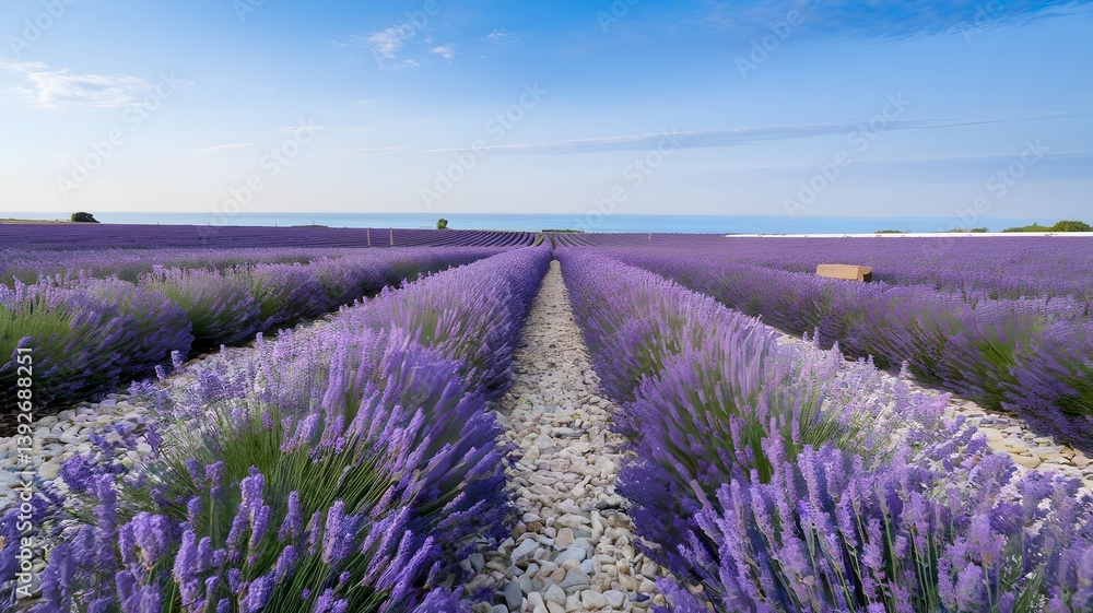 Obraz premium Expansive Lavender Fields Stretching to the Horizon by the Sea