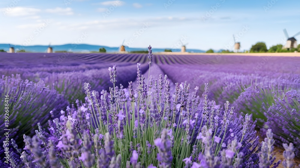 Obraz premium Blooming Lavender Field with Distant Windmills Under a Bright Sky