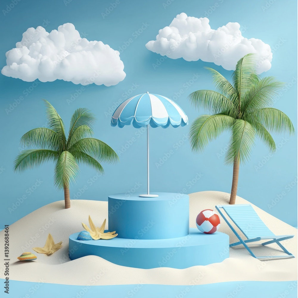 Stylized summer beach scene with platform, umbrella and vacation elements
