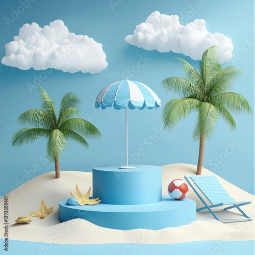 Obraz na płótnie Stylized summer beach scene with platform, umbrella and vacation elements w salonie