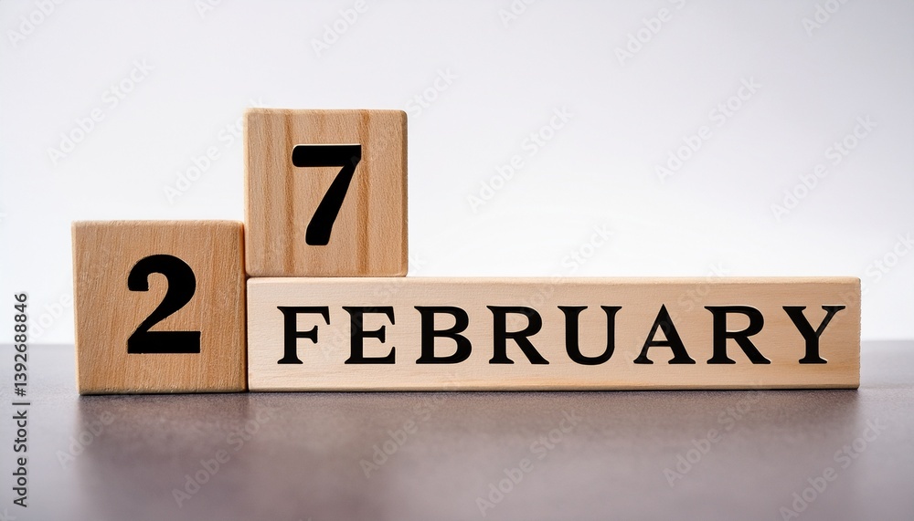 Fototapeta premium Minimalist photo of a wooden blocks with date 27 February. Day and month, calendar on white background