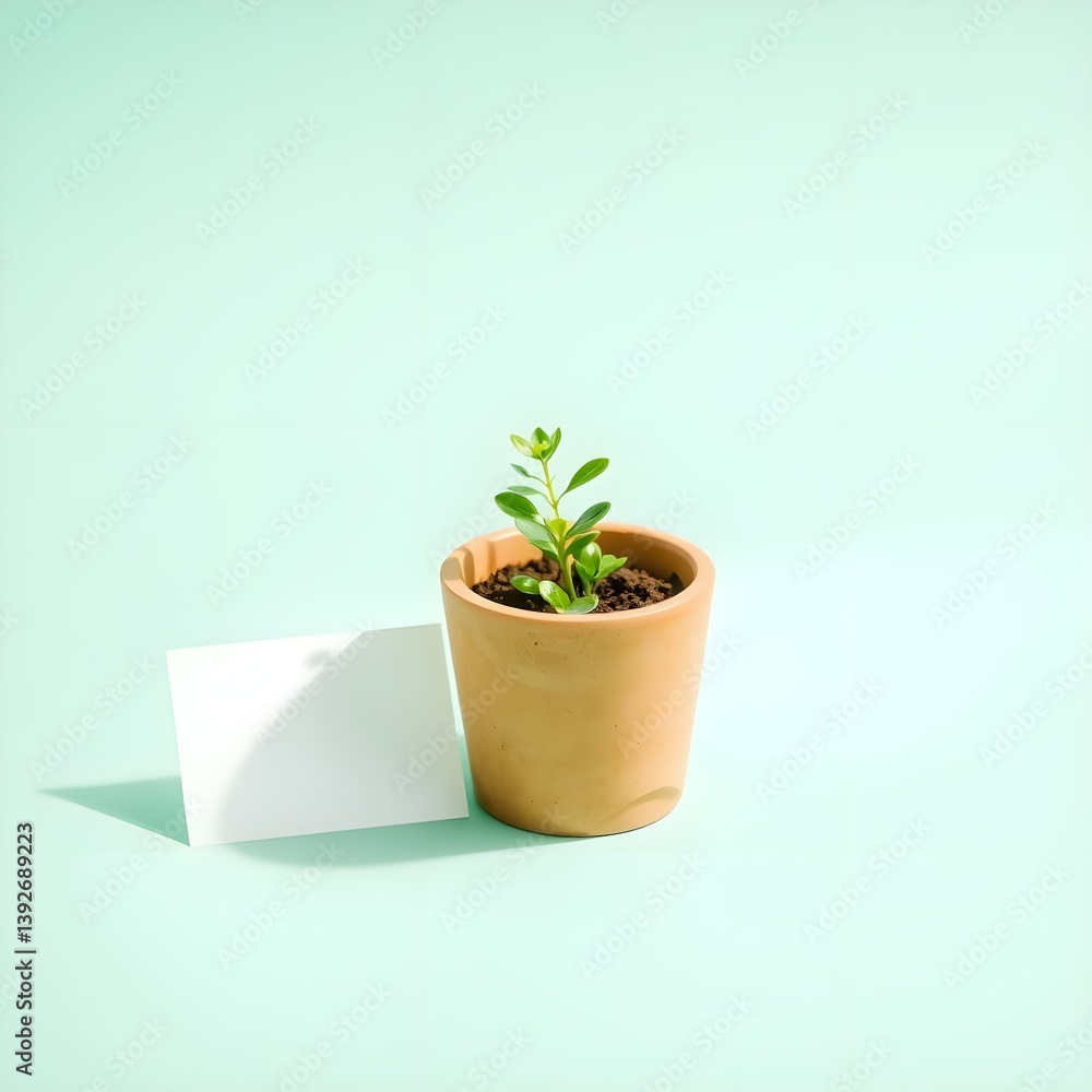 Fototapeta premium A small pot and a simple note are placed against a background filled with refreshing mint colors. The pot is filled with a small plant to add some life.