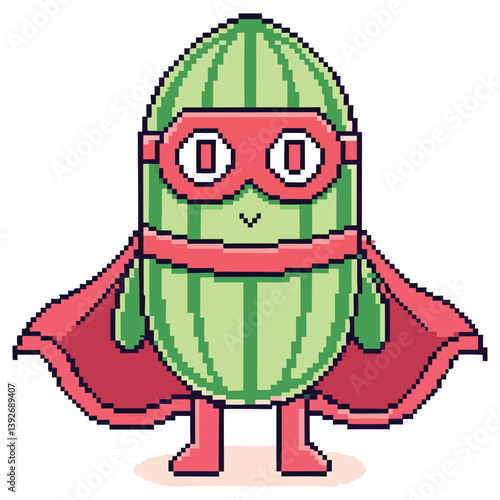 Pixel Art Style Cucumber Superhero with Cape and Mask on Transparent Background