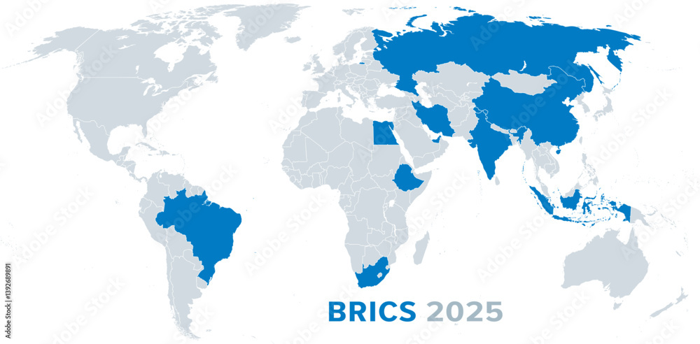 Fototapeta BRICS member states 2025, political map. Organization compromising 10 countries as of January 6, 2025. BRICS are initial letters of first member states Brazil, Russia, India, China, and South Africa.