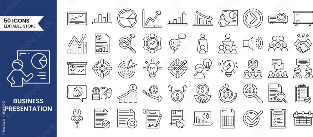 Business presentation icons set in line style. Containing seminar, sales presentation, meeting, whiteboard, conference, business plan and more. Vector illustration Business presentation icons set in line style. Containing seminar, sales presentation, meeting, whiteboard, conference, business plan and more. Vector illustration