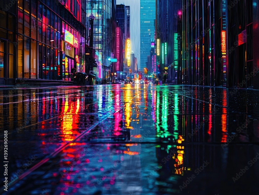 Fototapeta premium Vibrant city street at night, reflecting neon lights in a rain-slicked pavement.