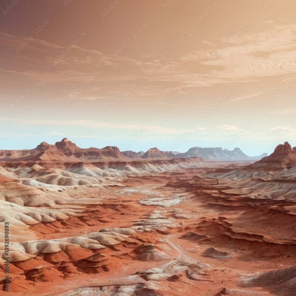 Naklejka premium AI-generated Mars-like desert landscape with unique geological formations and alien terrain