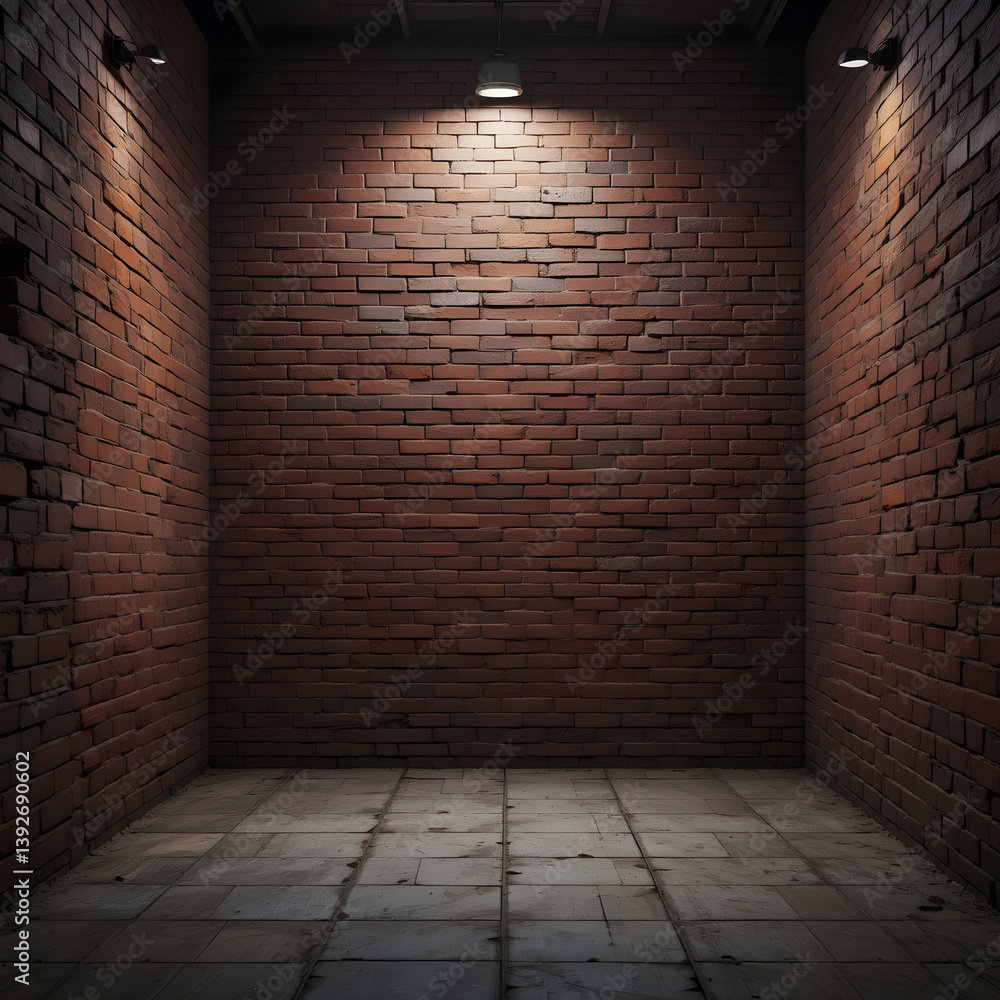An ultra-realistic 3D rendering of an empty space featuring a weathered red brick wall, illuminated by dramatic lighting that highlights the textures of the bricks and creates natural, soft shadows. An ultra-realistic 3D rendering of an empty space featuring a weathered red brick wall, illuminated by dramatic lighting that highlights the textures of the bricks and creates natural, soft shadows.